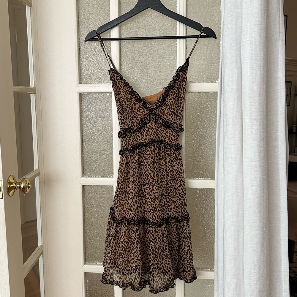 Brown Leopard Print Slip Dress with Lace Trim